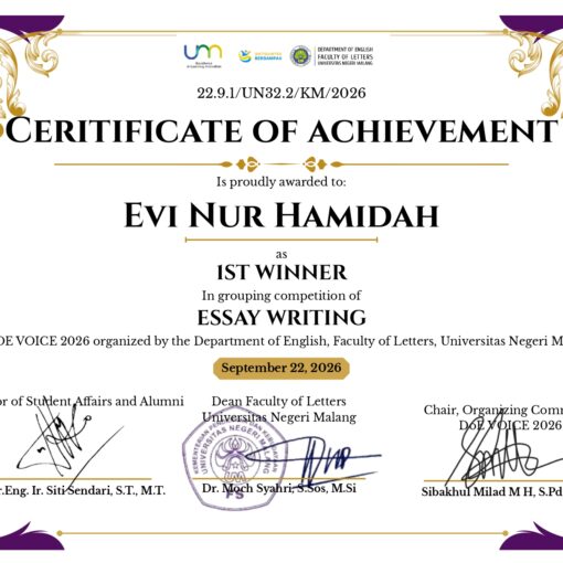 Sertifikat juara Evi Nur Hamidah page 0001 - Tadris Bahasa Inggris Universitas Al Qolam Malang